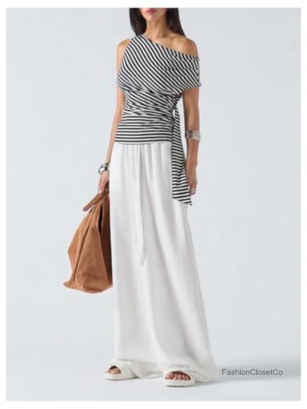 Striped One Shoulder Ribbed Knit Blouse Ruched Draped Going Out Top - Picture 5 of 5